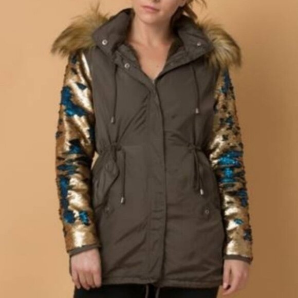 PARKA COAT WITH SEQUIN SLEEVES - Picture 2 of 5